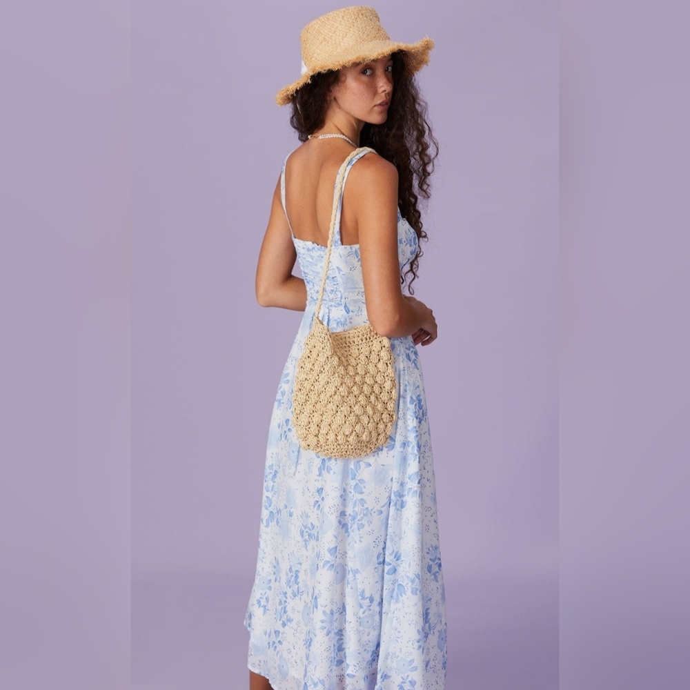 BNWT / RIHOAS/ Small / Medium/ blue square neck floral ruched midi dress - Picture 2 of 5